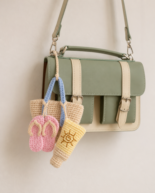Crochet flip-flops and sunscreen bottle beach accessory keychain hanging on a bag