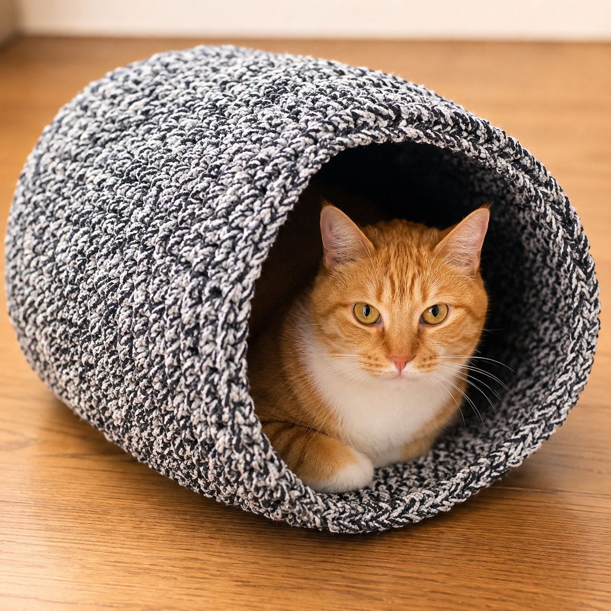 Black and white speckled crochet cat hideaway tube with rounded opening