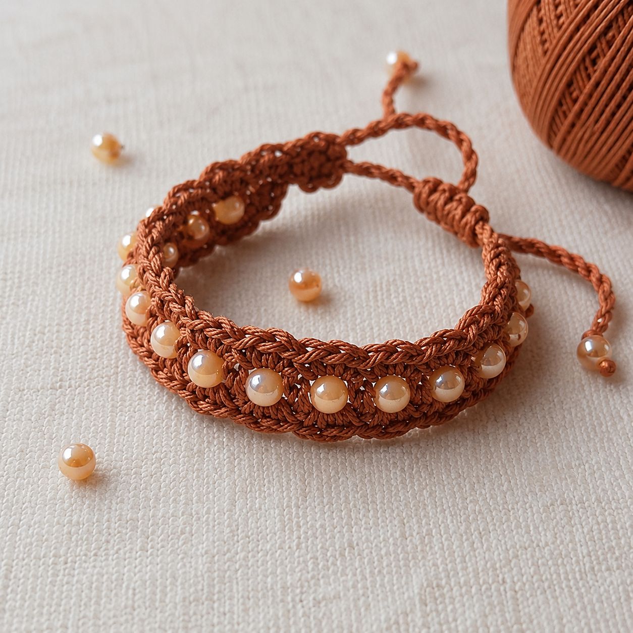 Braided crochet bracelet with bead accents and adjustable tie
