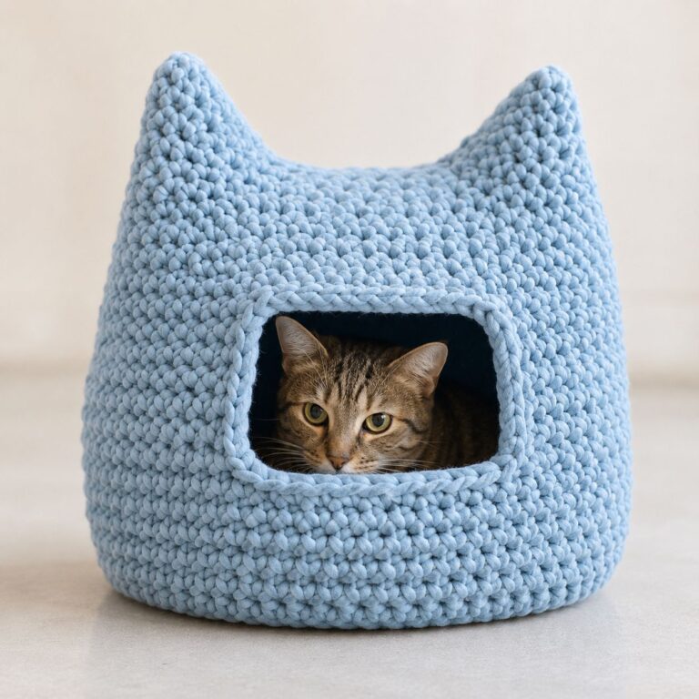 Cat hideaway crochet pattern: pet house with cat ear shaped top in light blue yarn