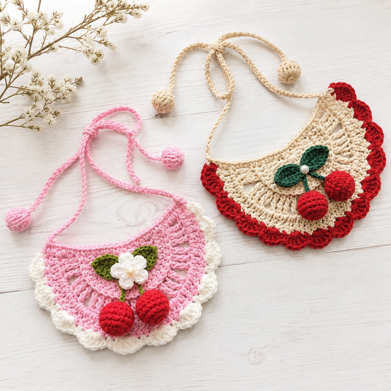 Crochet cherry blossom pet bandana bibs in pink and cream