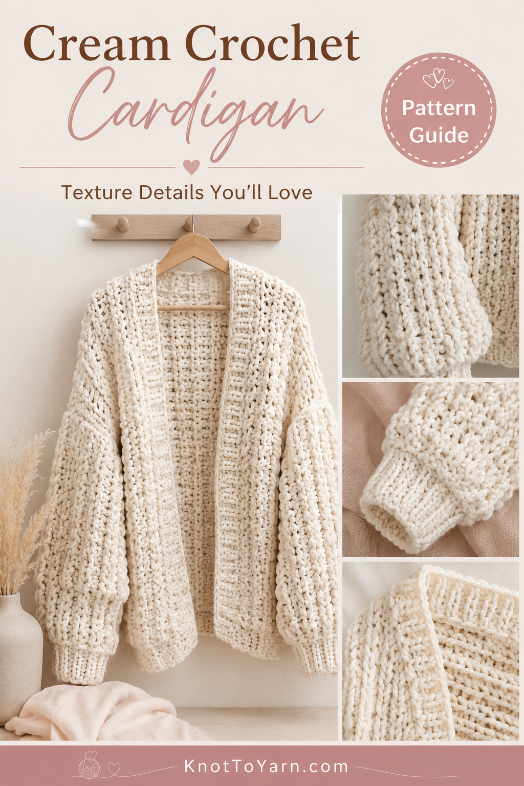 Cream chunky crochet cardigan stitch texture close up