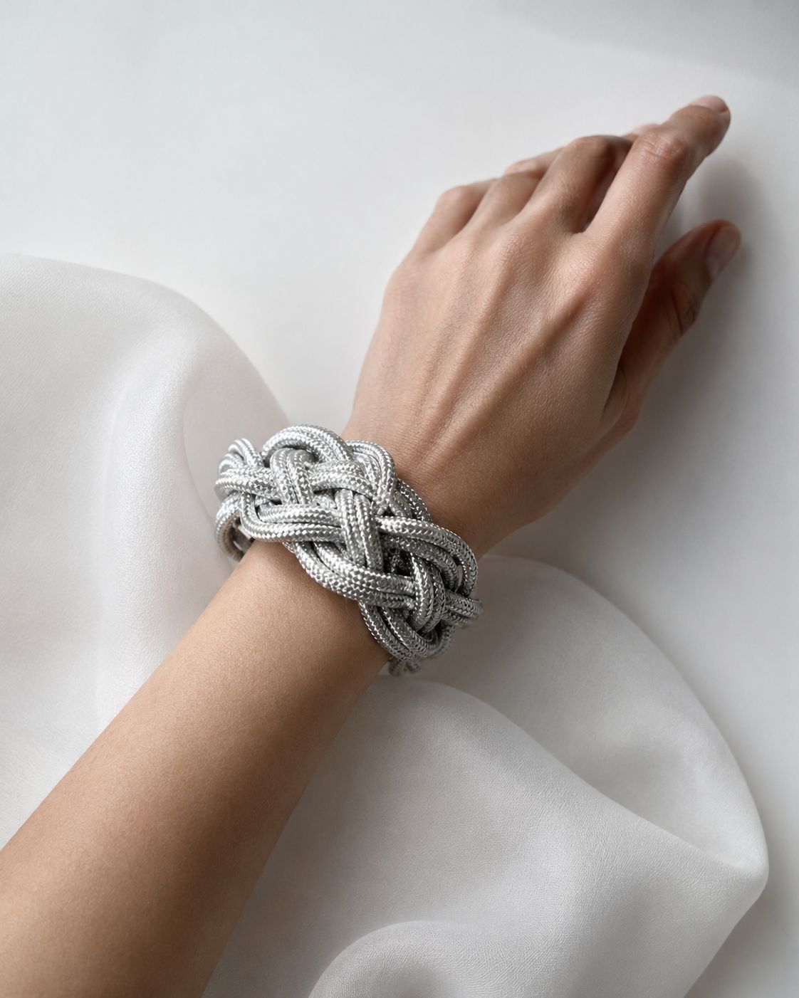 Chunky silver braided crochet bracelet metallic coiled design