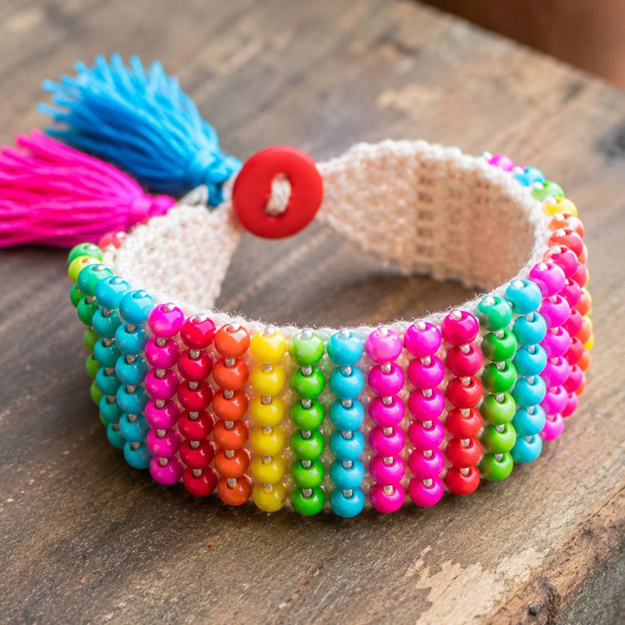 Colorful beaded crochet bracelet with tassels
