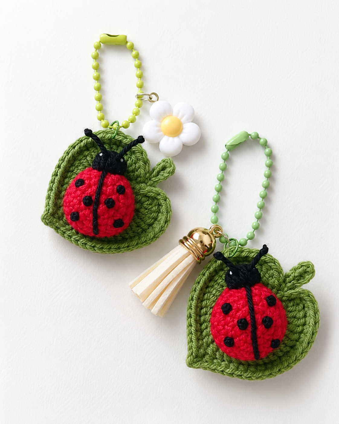 Ladybug with leaf crochet keychain bag charm