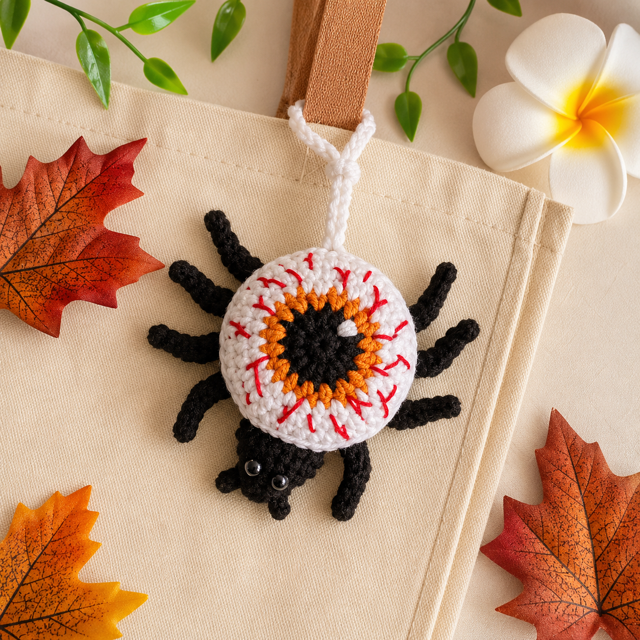 Eyeball spider crochet bag charm pouch pattern
