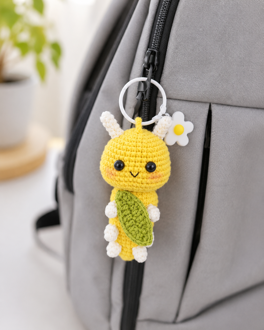 Caterpillar eating leaf crochet amigurumi bag charm