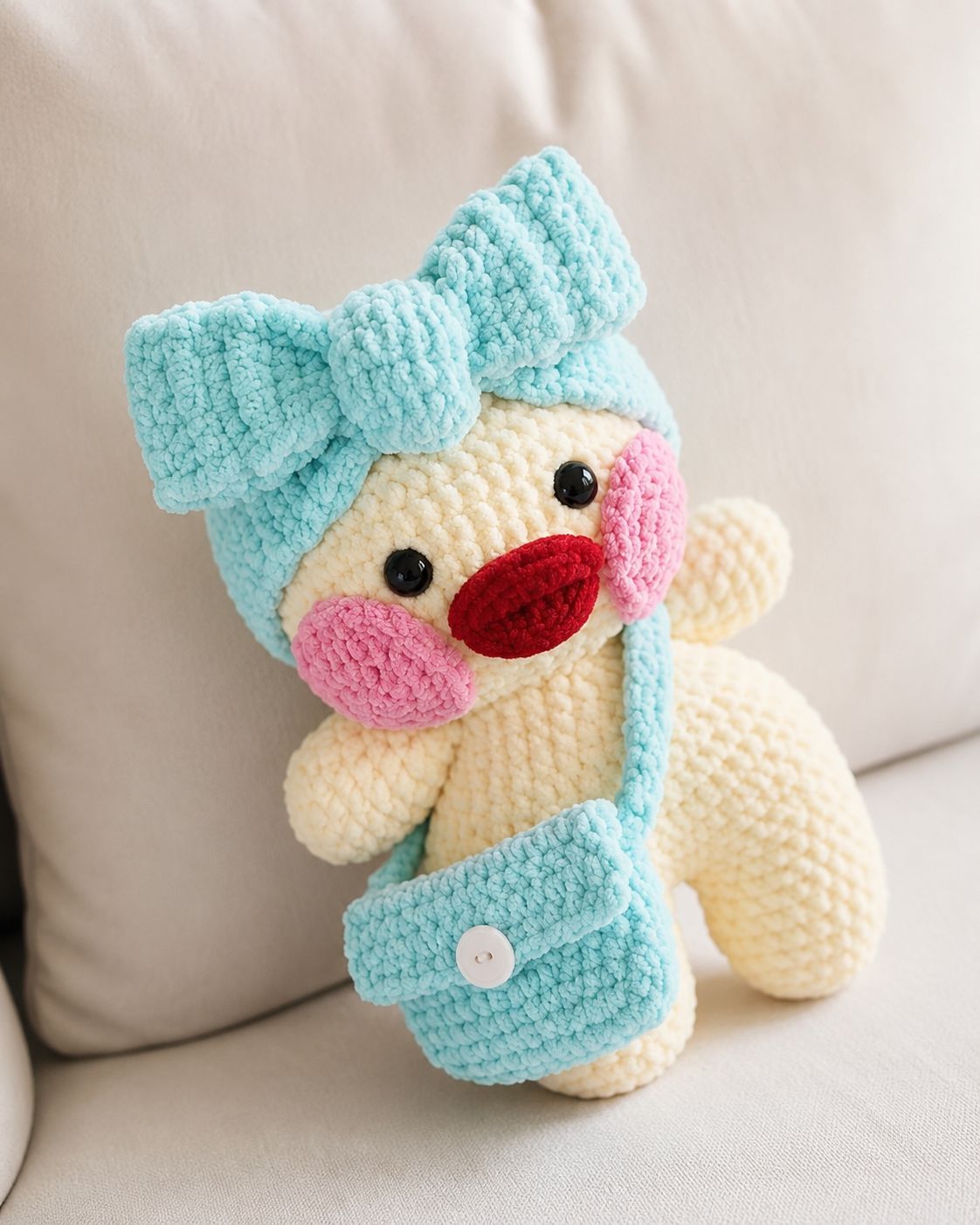Cream colored Lalafanfan duck with large light blue bow and blue crocheted bag