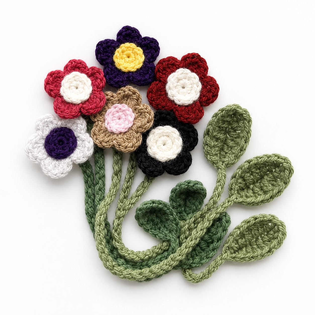 Crochet flower bouquet with stems and leaves
