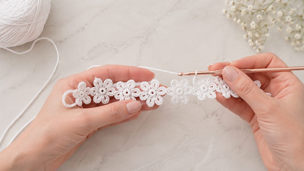 Row 2 completing the five-petal daisies on the crochet flower bracelet