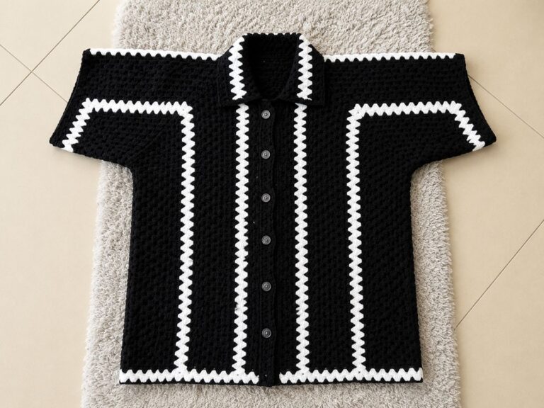 Finished crochet hexagon shirt for men with black base white zigzag trim and button front closure