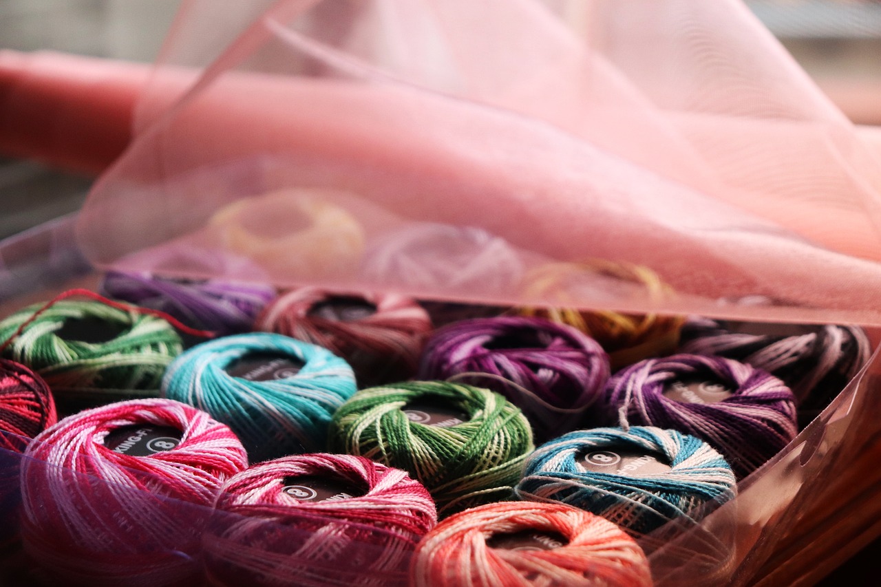 Rainbow of colorful yarn skeins