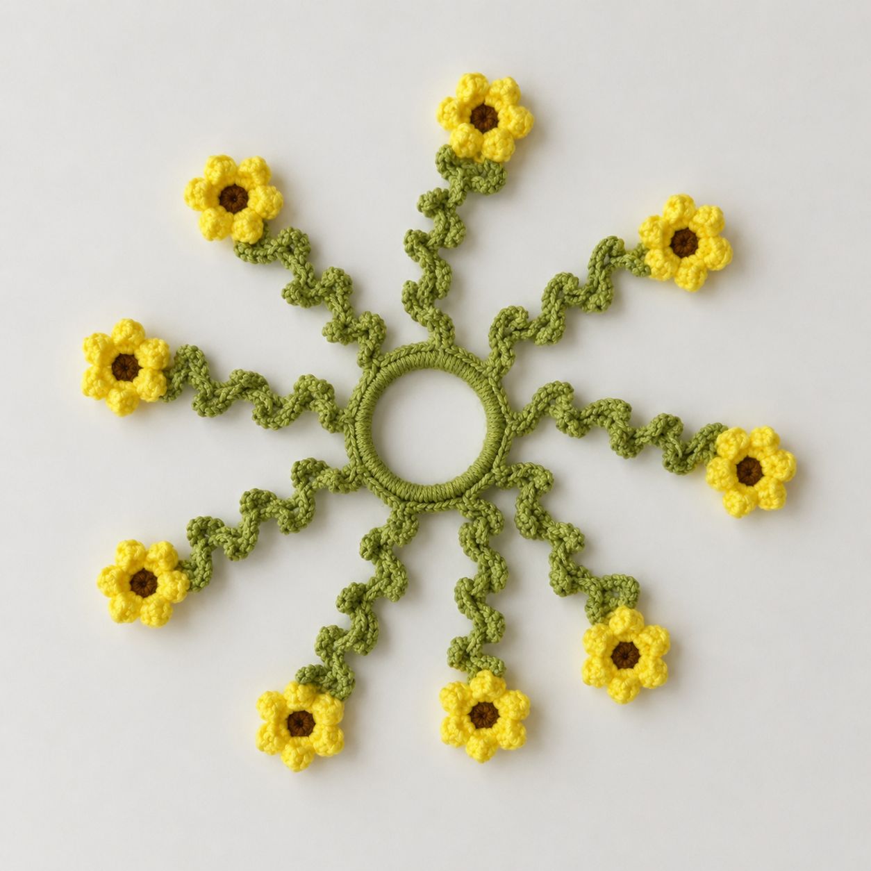 Crochet sunflower bracelet with green vines and yellow center