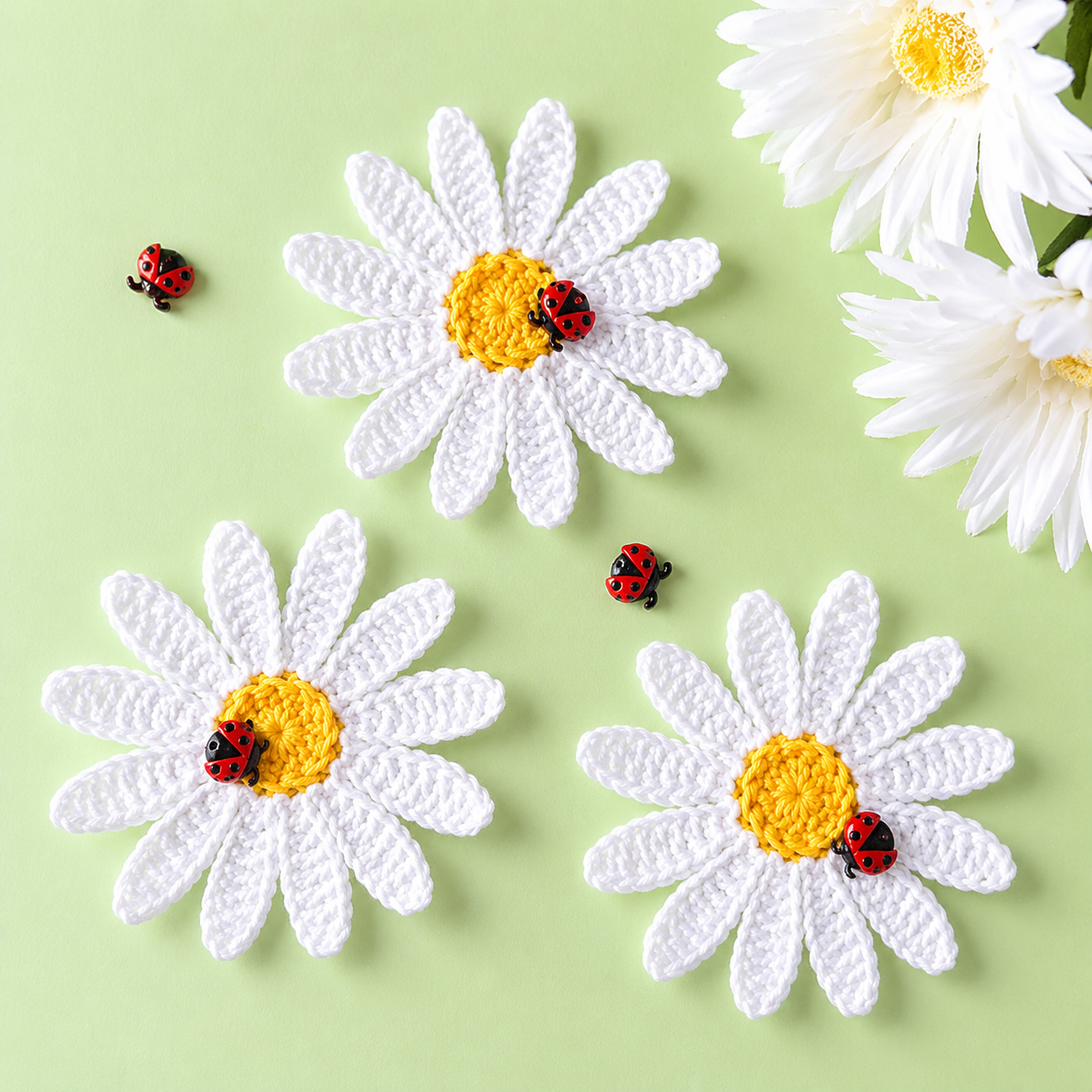 Crochet daisy appliques with mini ladybugs