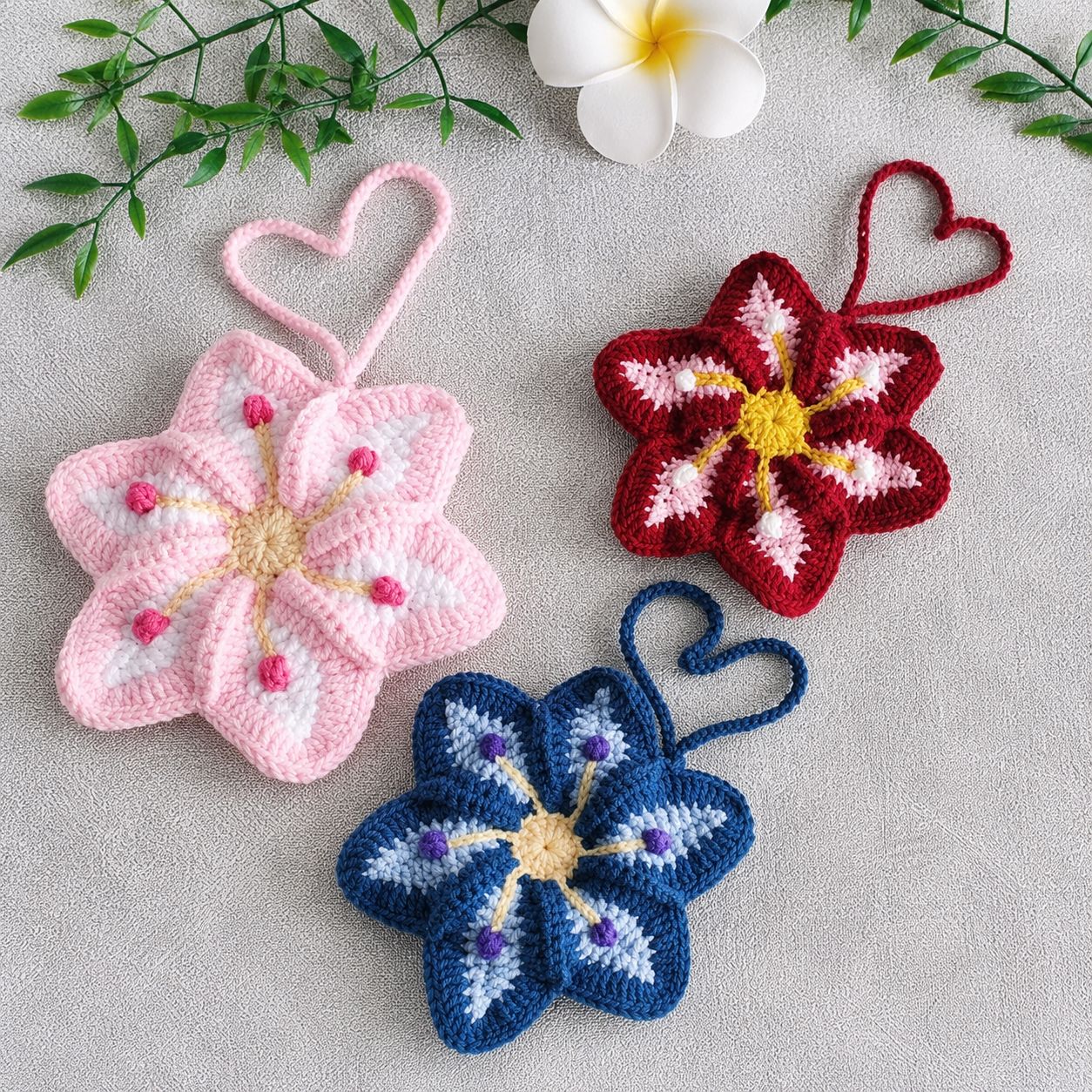 Detailed floral crochet bag charm stitch pattern