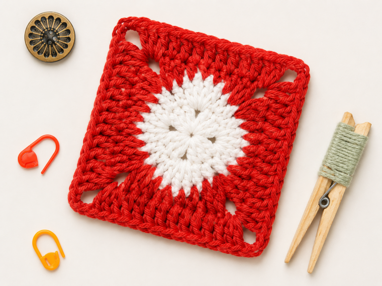 Diamond granny square crochet pattern finished piece in red and white