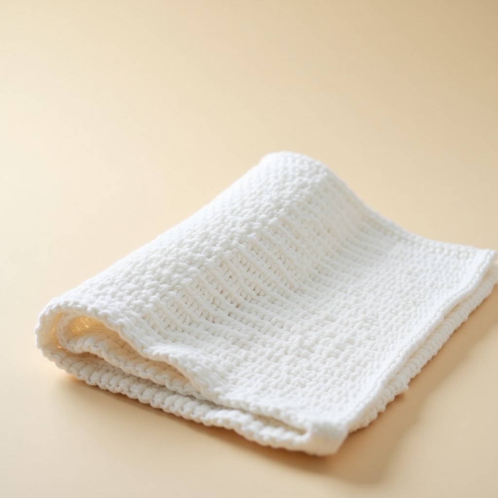 Flat lay of crochet dish towels with shell stitch borders and striped designs arranged on a farmhouse-style table