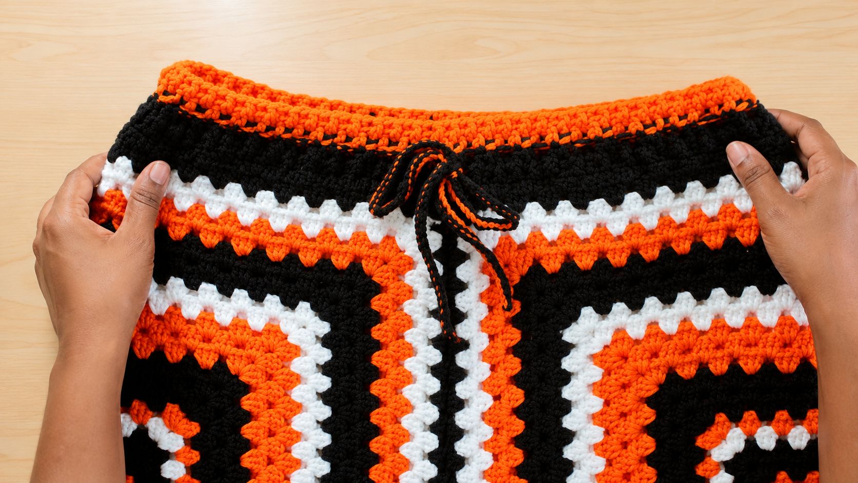 Drawstring being positioned on granny square shorts