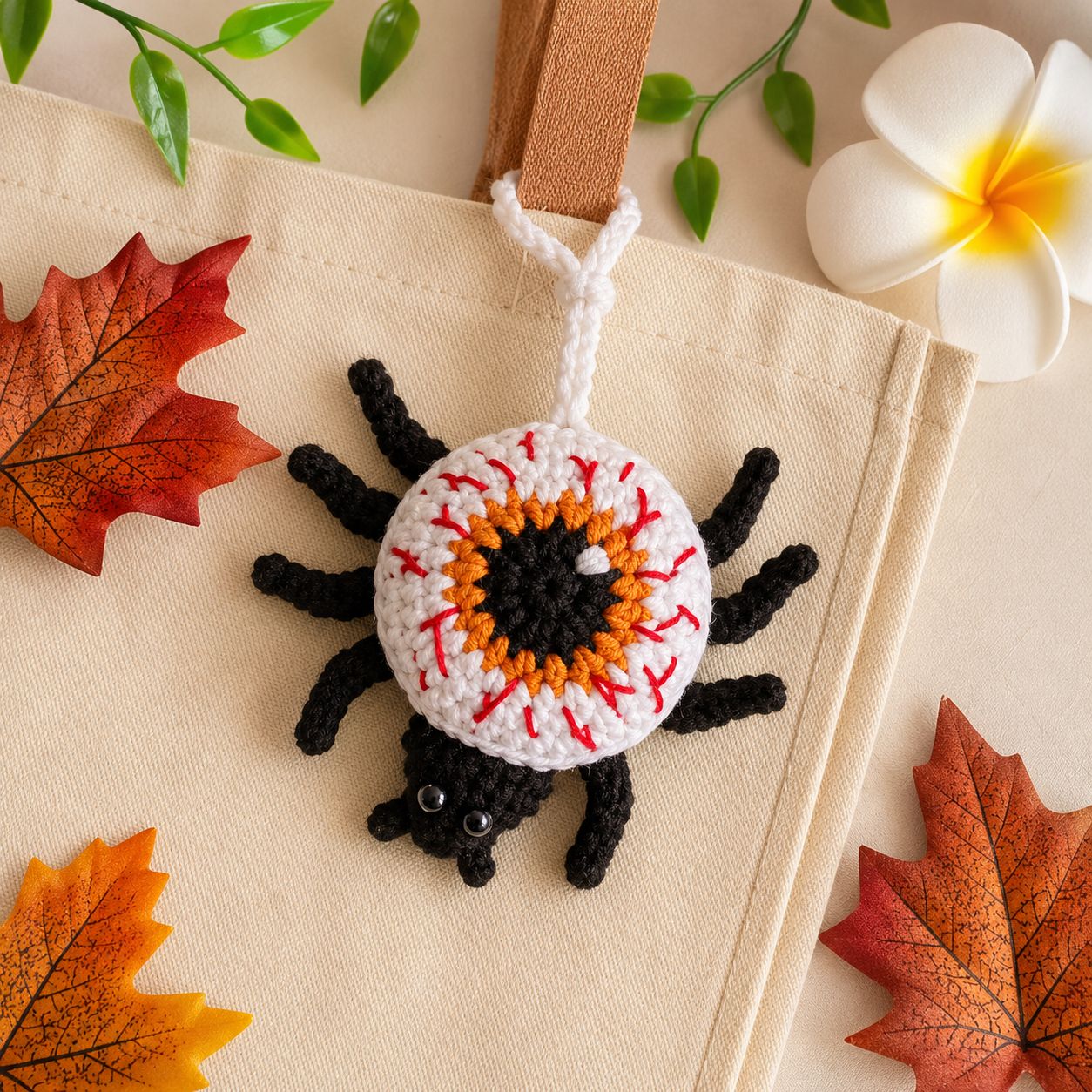 Eyeball spider crochet bag charm pouch pattern