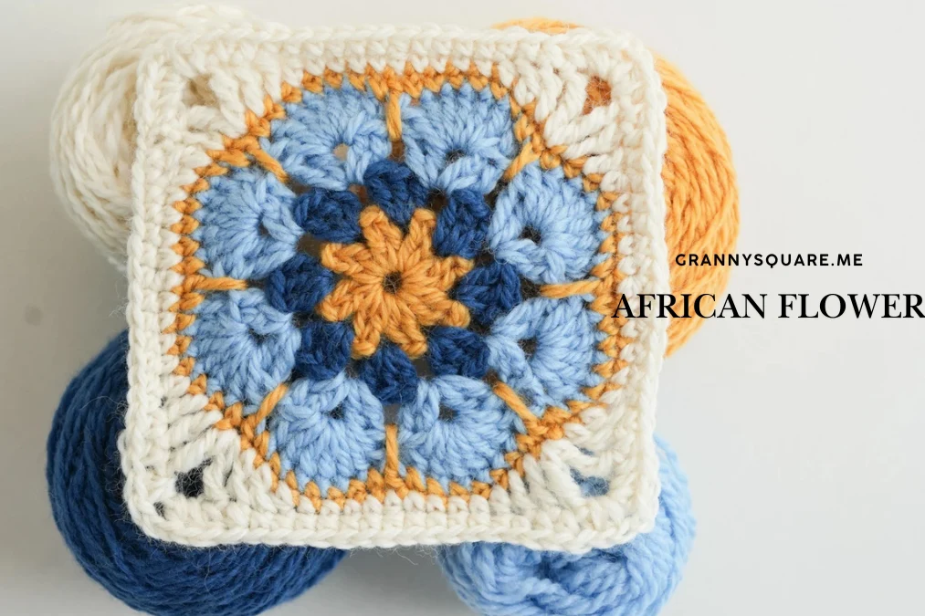 African flower granny square hexagonal crochet motif with colorful layered petals