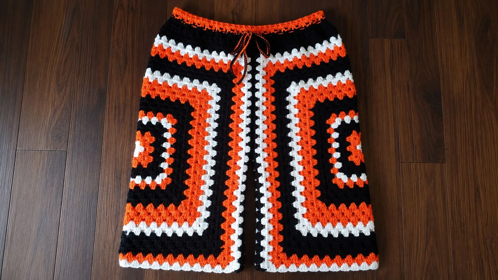 Finished granny square basketball shorts with drawstring