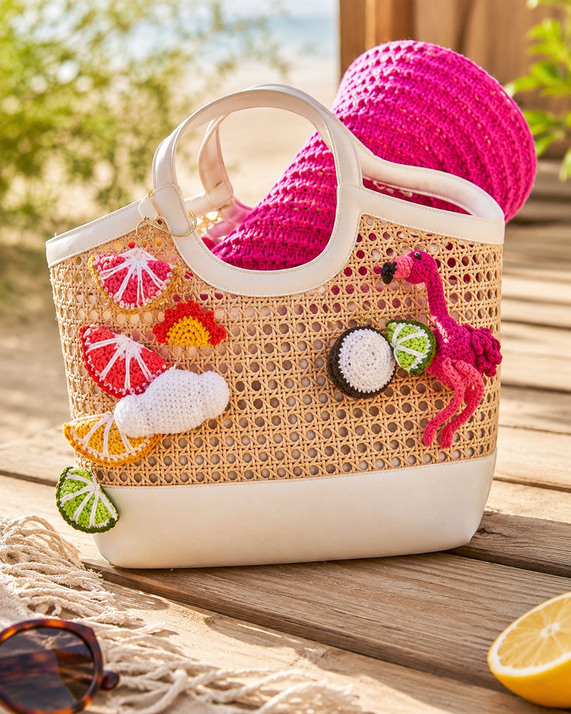 Flamingo and fruit summer crochet bag charm set