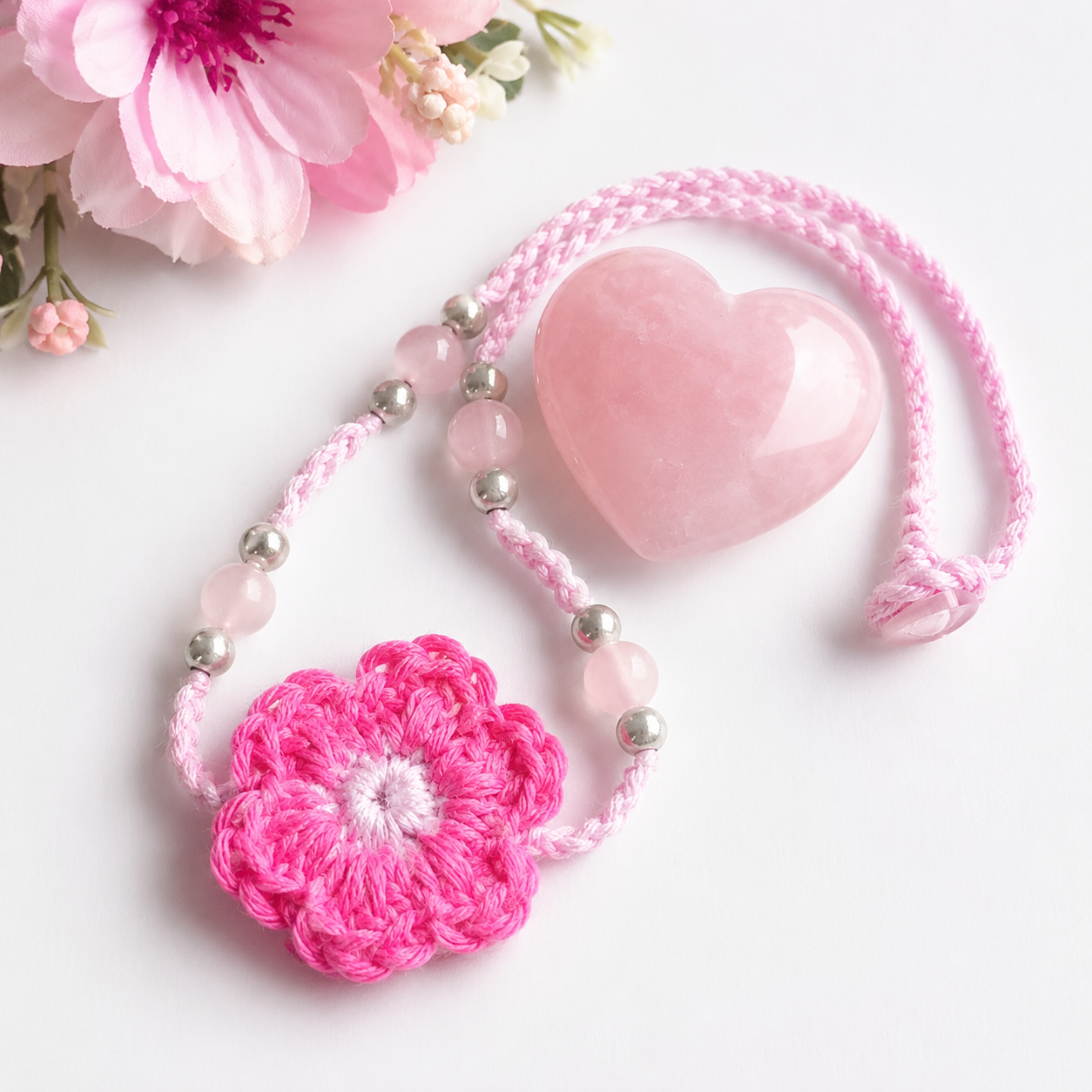 Crochet flower heart pendant necklace with rose quartz bead