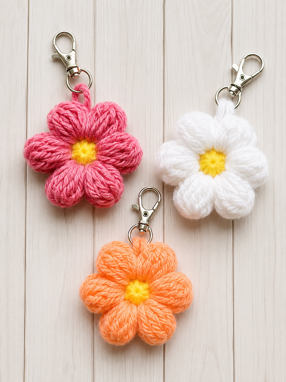 Crochet flower keychains in pink white and orange