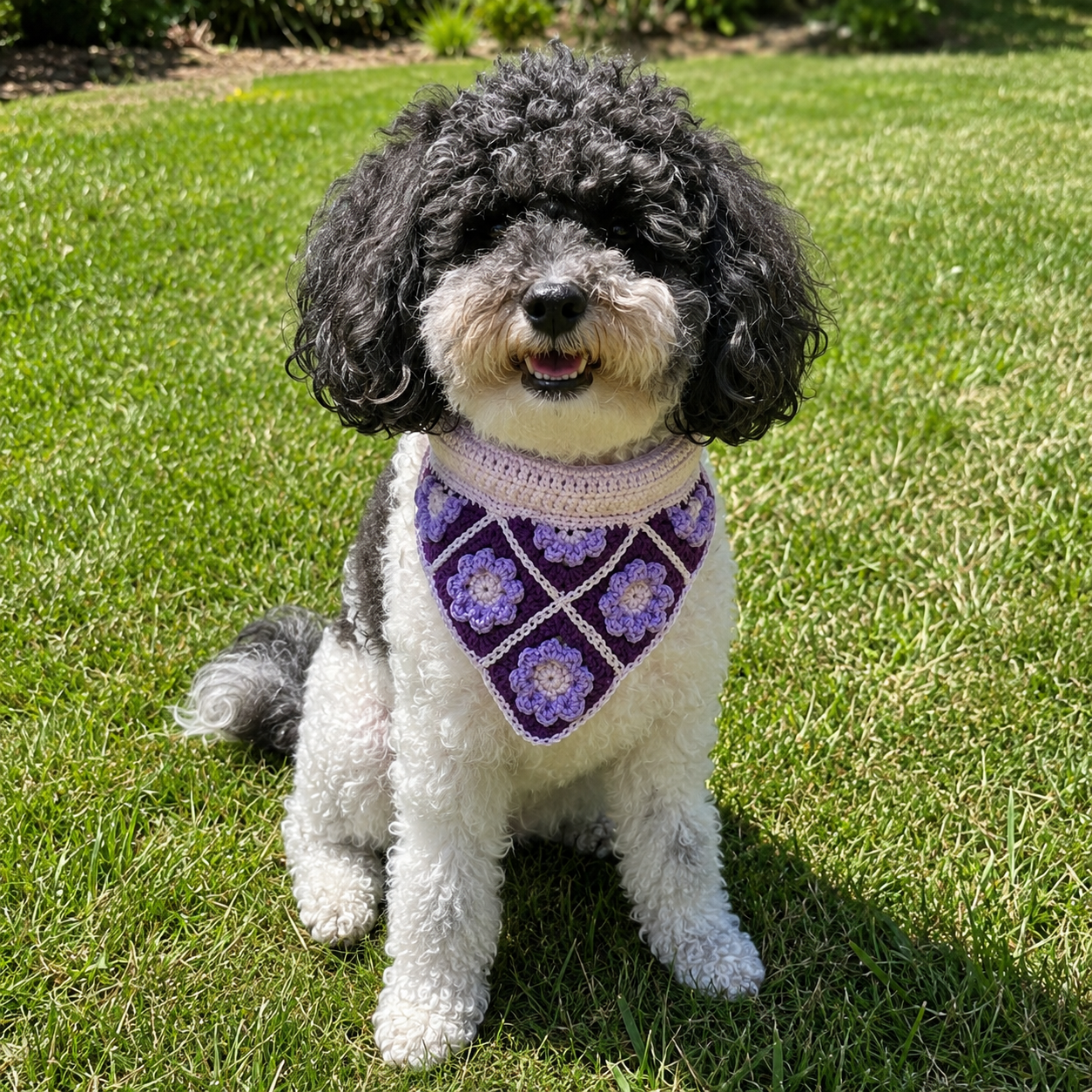 Crochet purple granny square floral dog bandana on a poodle mix