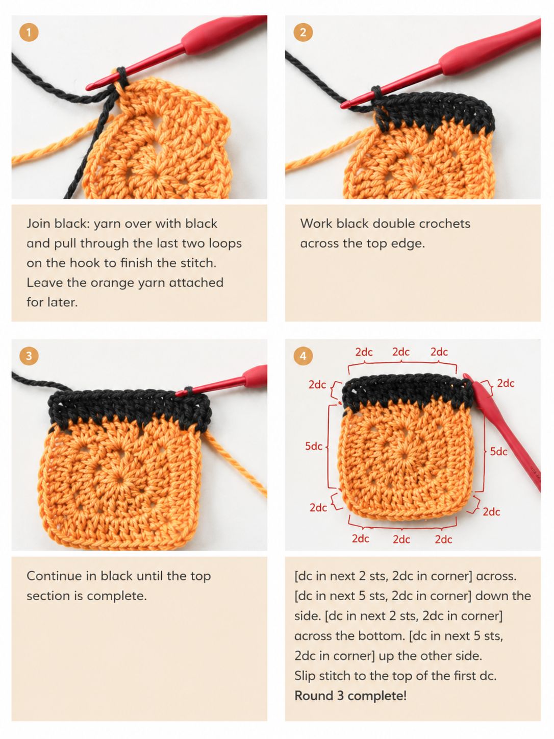 Heart granny square round 3 color changes