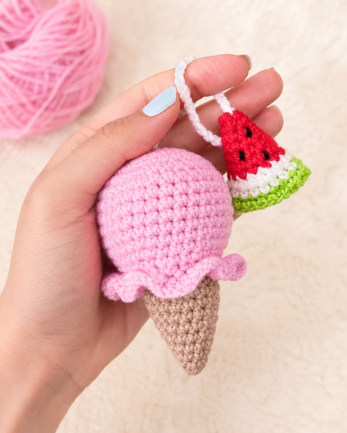 Ice cream and watermelon crochet bag charm duo pattern