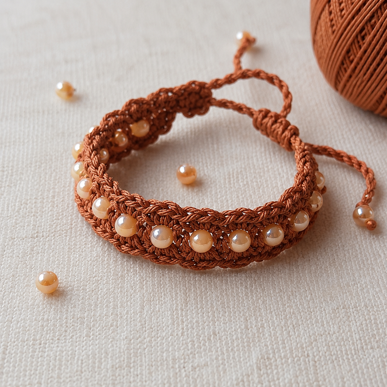 Braided crochet bracelet with bead accents and adjustable tie