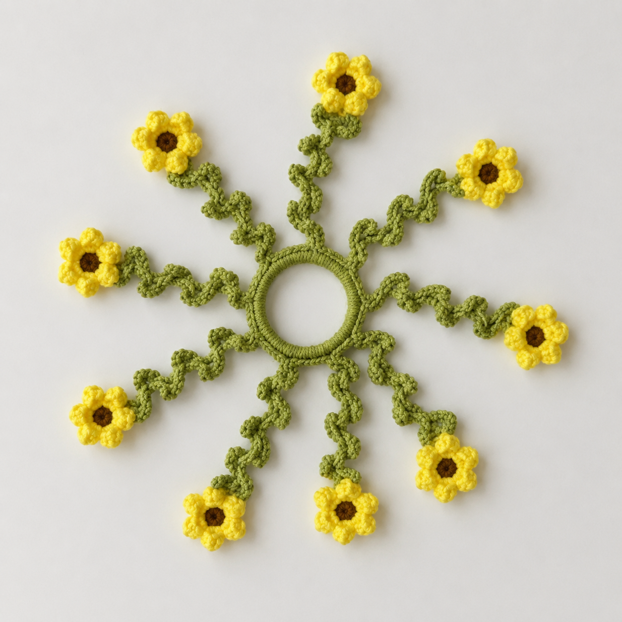 Crochet sunflower bracelet with green vines and yellow center
