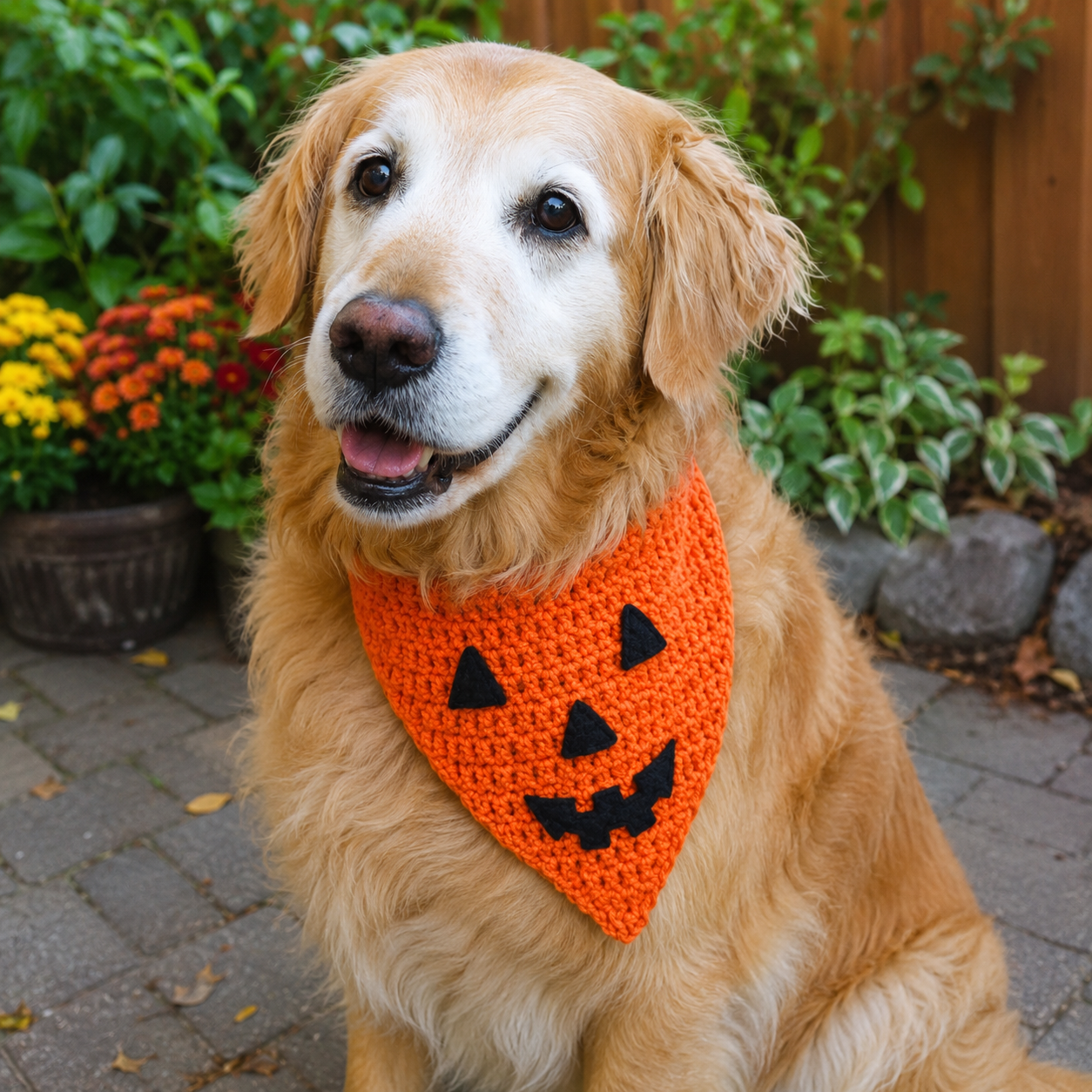 Crochet jack o lantern pumpkin face dog bandana on a golden retriever