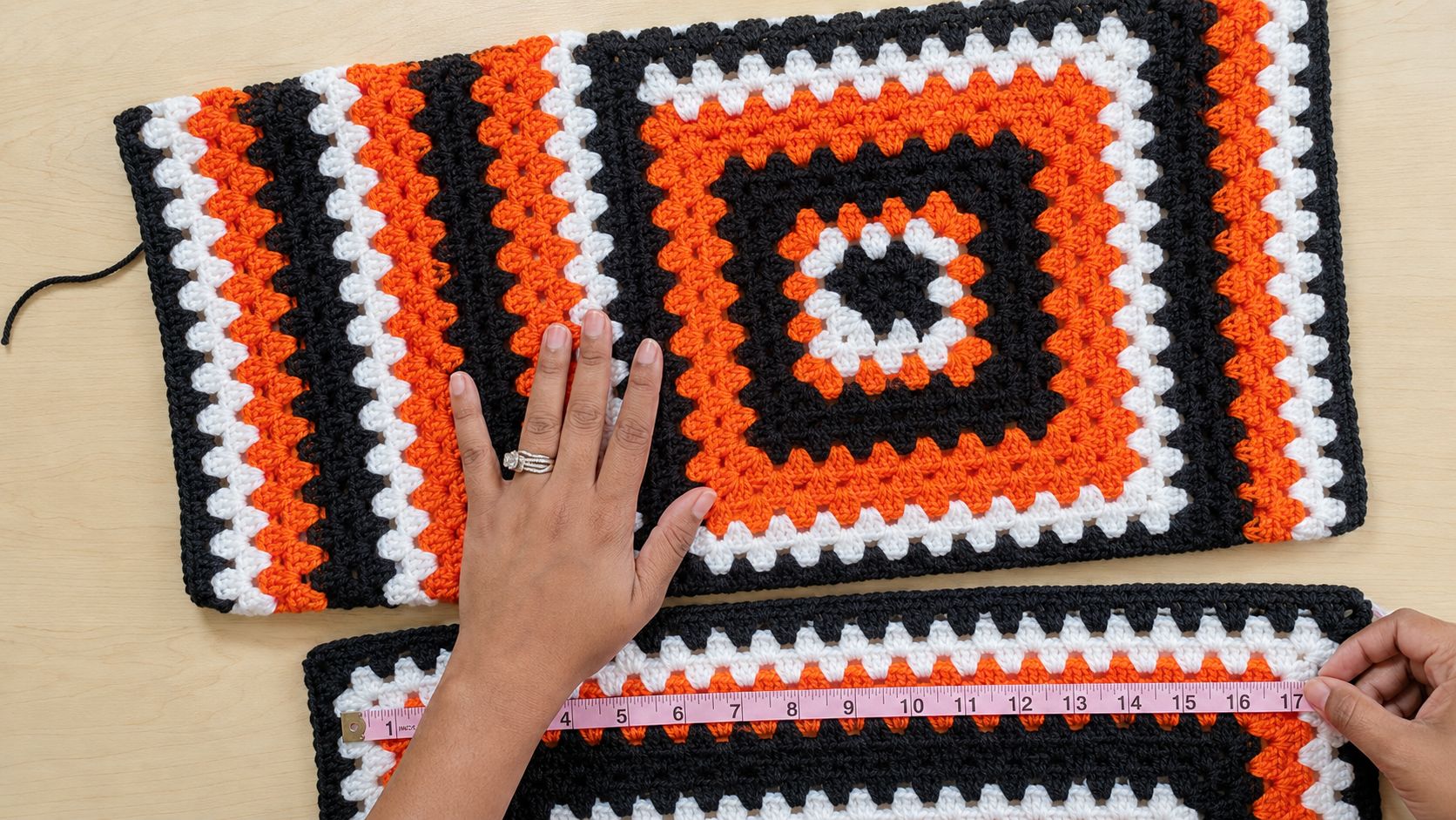 Measuring and aligning crochet panels for assembly