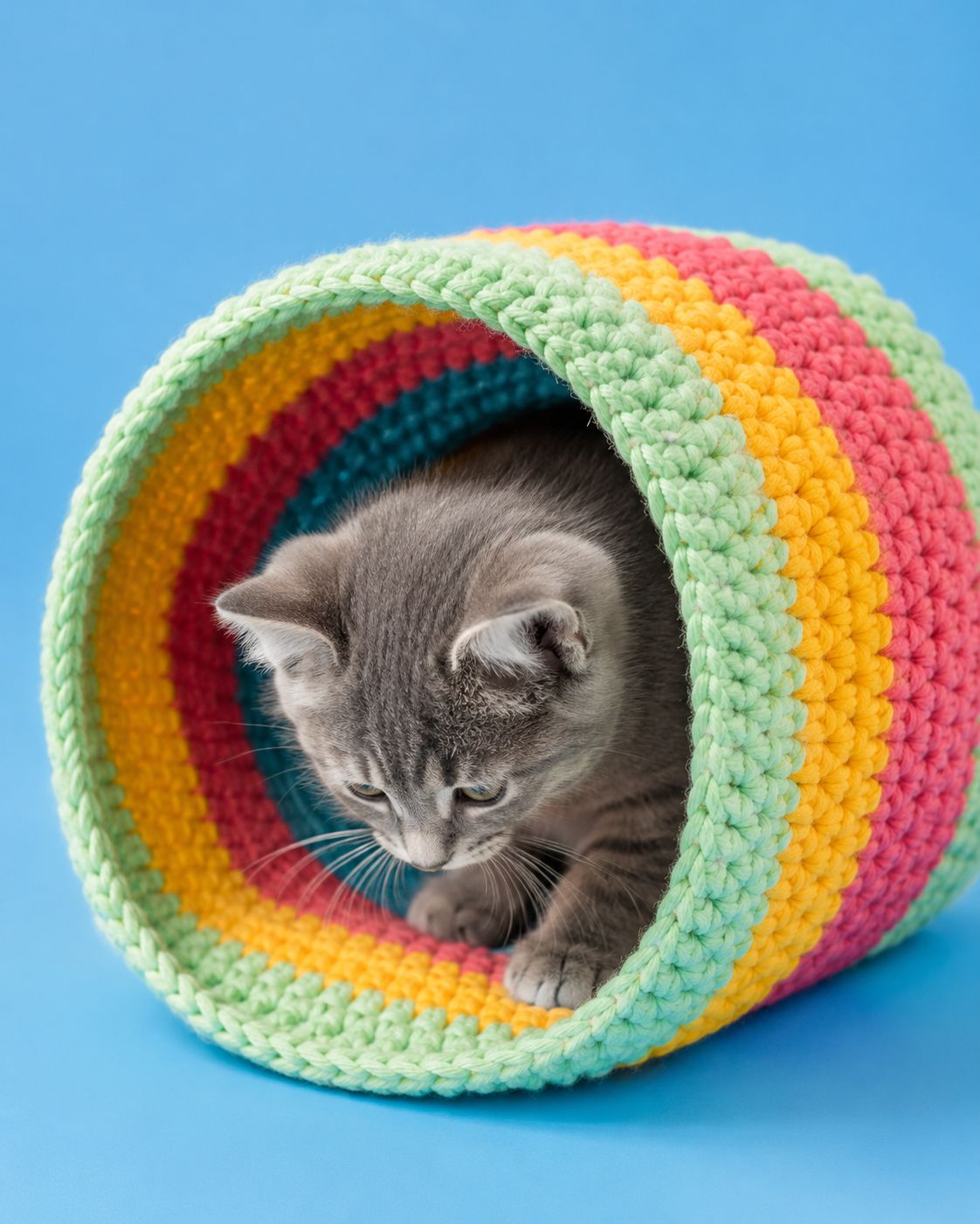 Multicolored rainbow crochet cat cave tube in green yellow red and pink