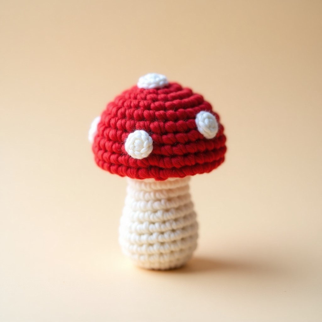 Easy crochet mushroom pattern displayed on a bright background with finished amigurumi mushroom