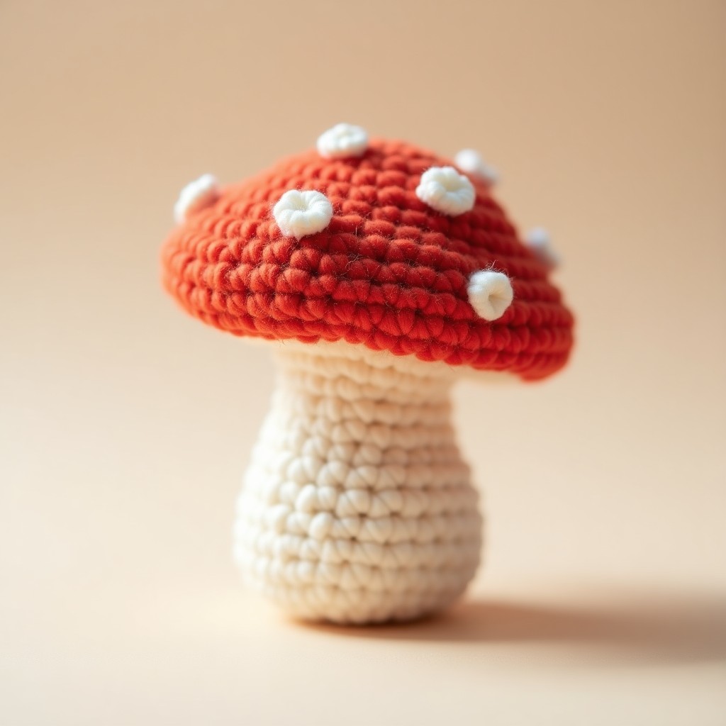 Classic red and white crochet mushroom pattern showing dotted cap details