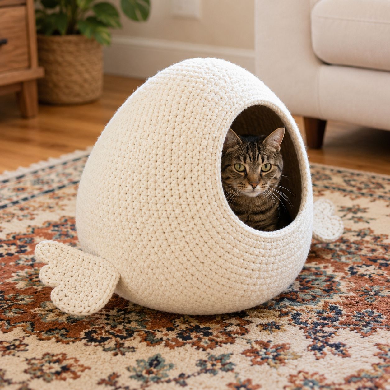 Off white crochet cat house shaped like a fish with small wing details