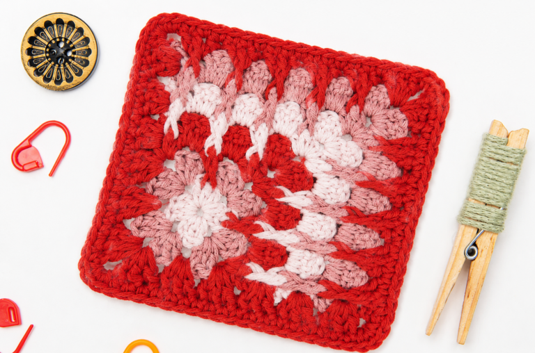 Offset granny square crochet pattern finished piece in red and pink