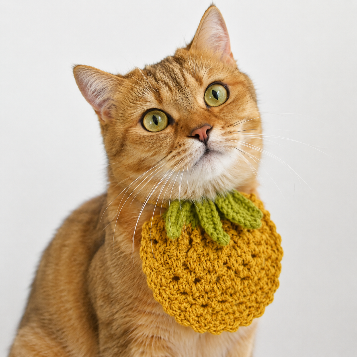 Crochet pineapple shaped cat bandana in mustard yellow