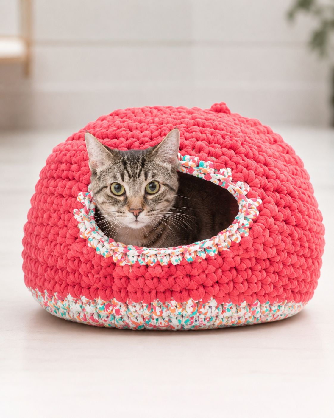 Pink donut shaped crochet kitty house with colorful trim