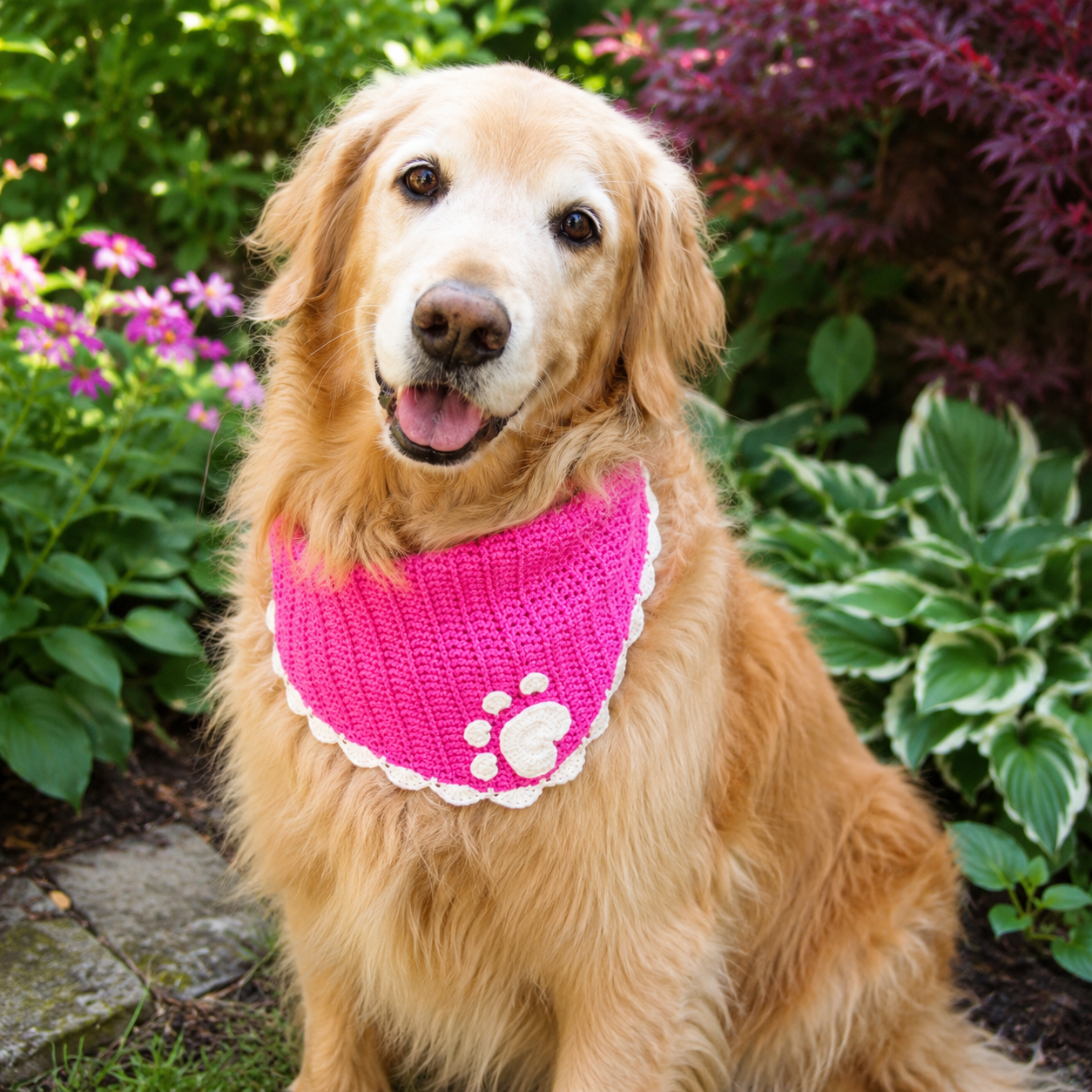 Crochet pink paw print dog bandana on a golden retriever