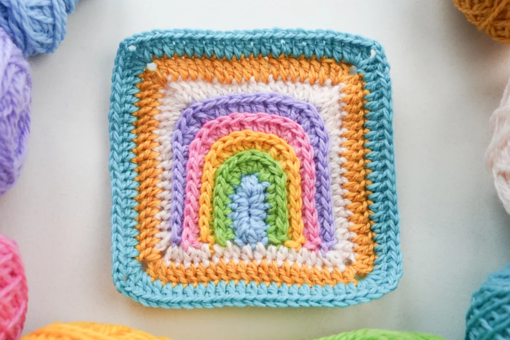finished rainbow granny square free pattern bag project