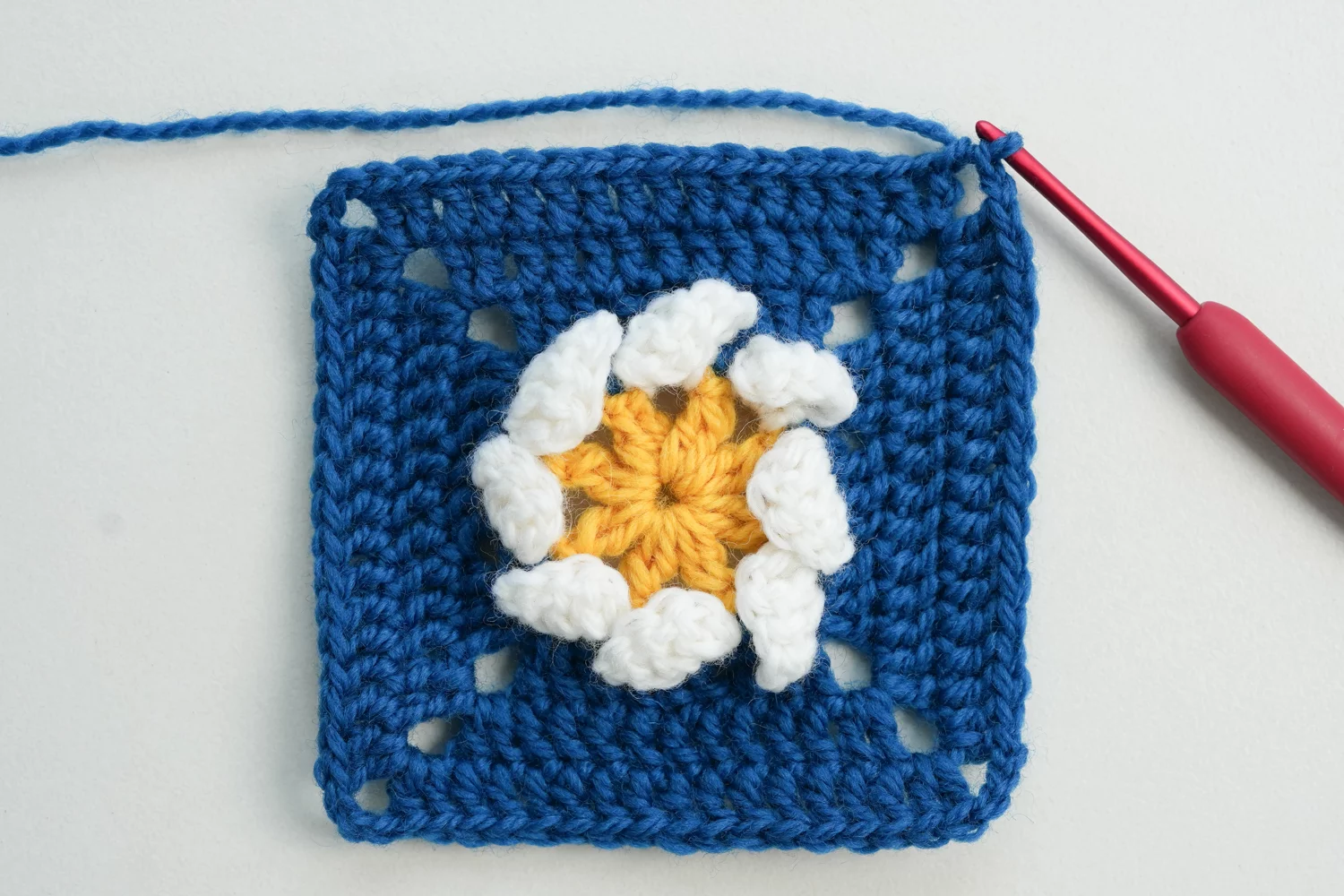 Completed 3D flower granny square showing all 8 rounds with blue border