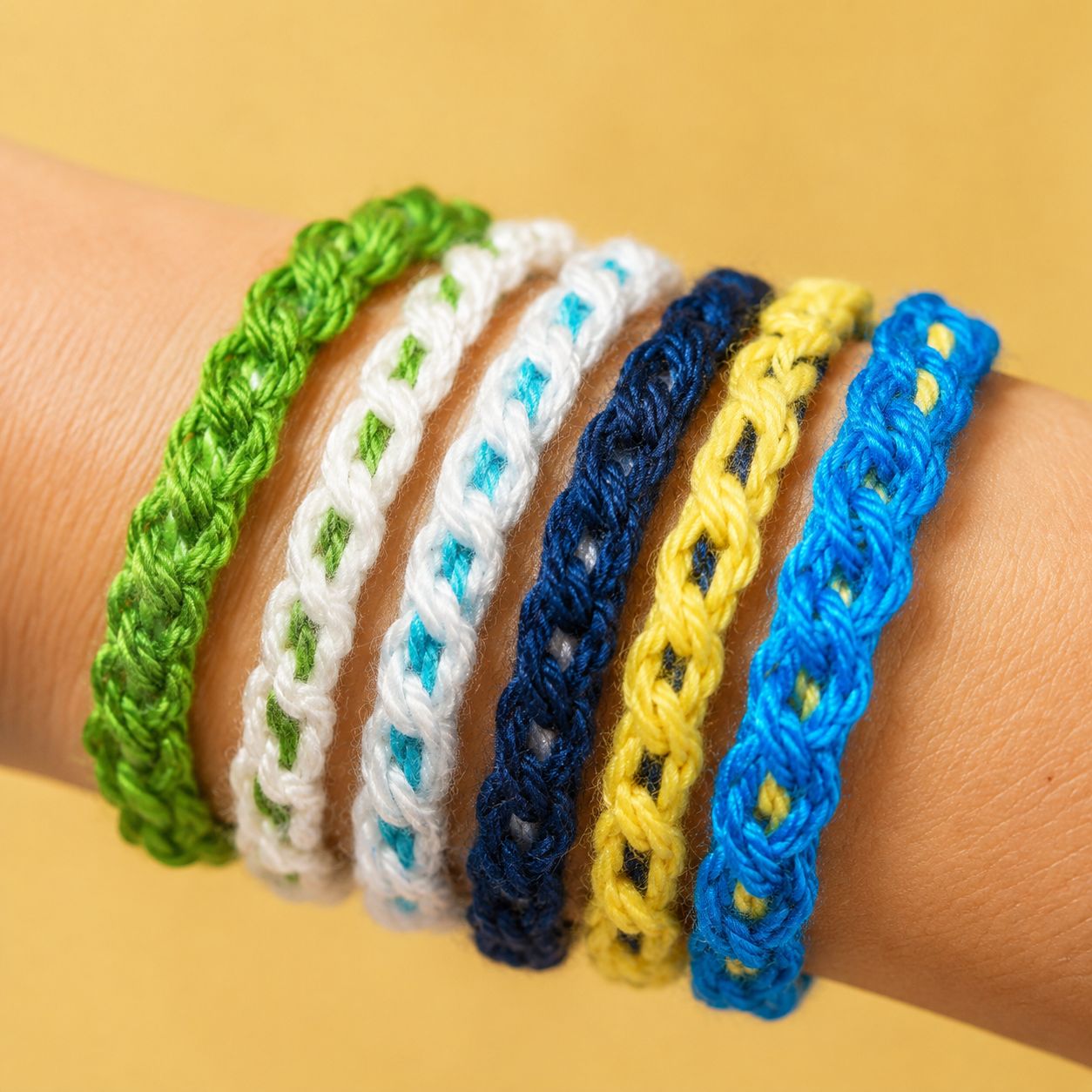 Six colorful crochet bangle bracelets with X stitch pattern in green white turquoise navy yellow and blue