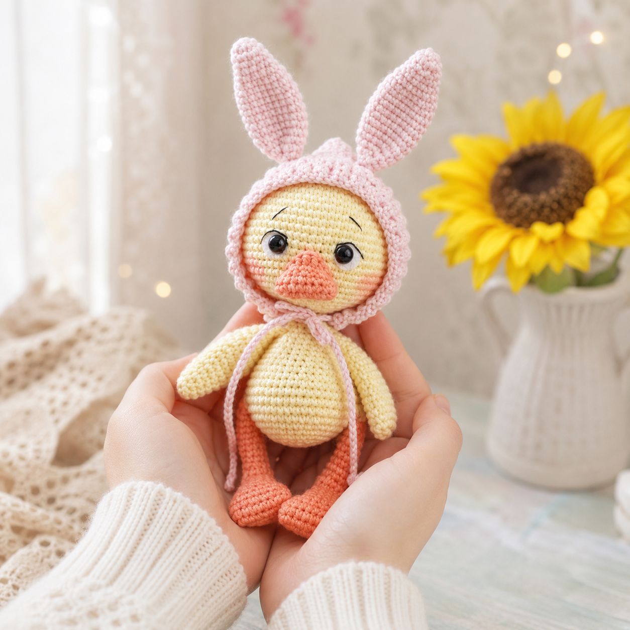 Small yellow duckling with pink bunny eared hat and orange feet amigurumi