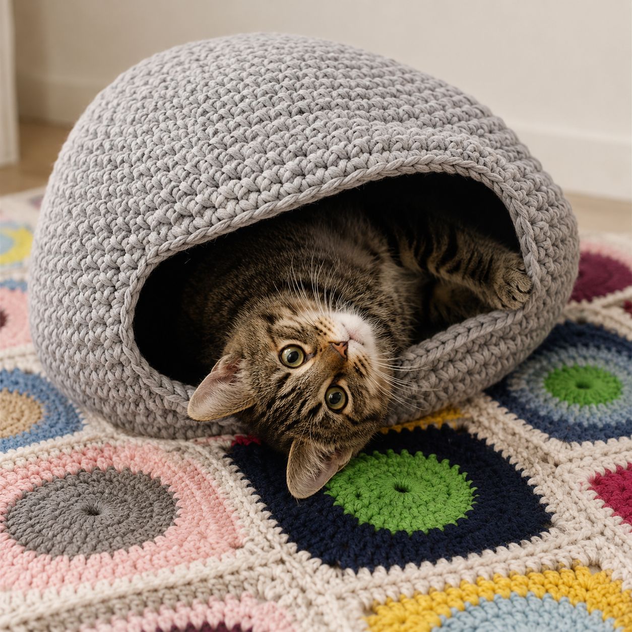Solid gray rounded crochet cat hideaway bed on colorful rug
