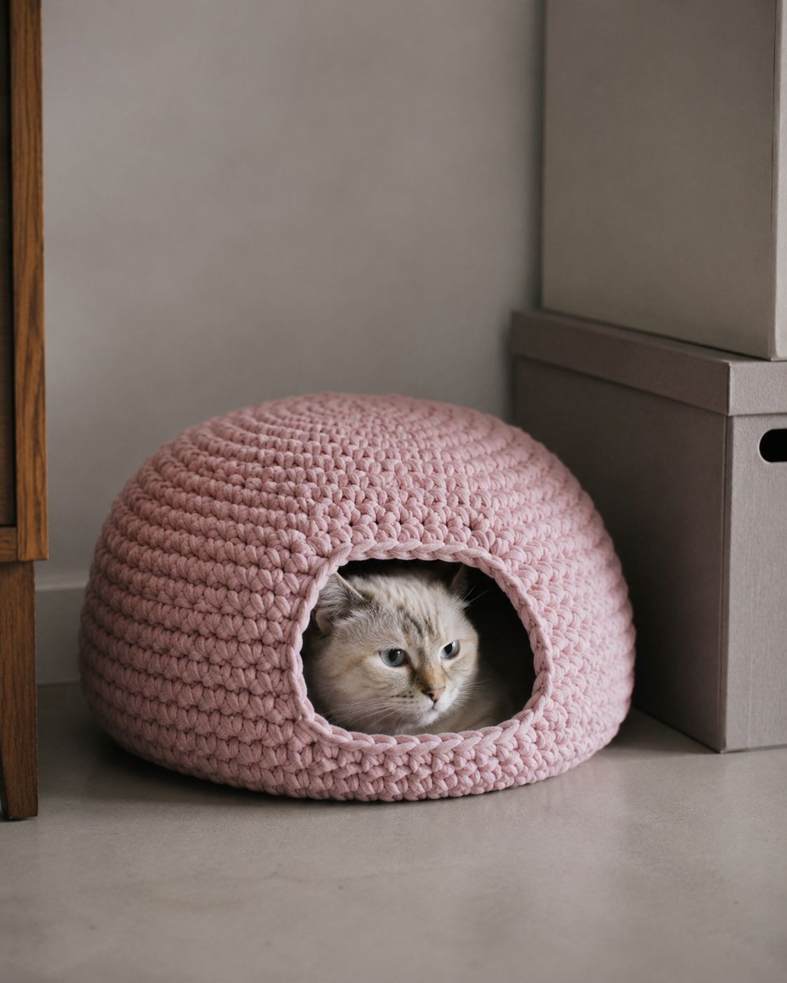 Solid pink rounded crochet cat nest bed with cat peeking out