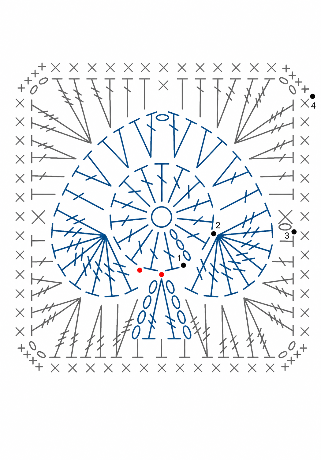 Spade granny square crochet stitch chart diagram